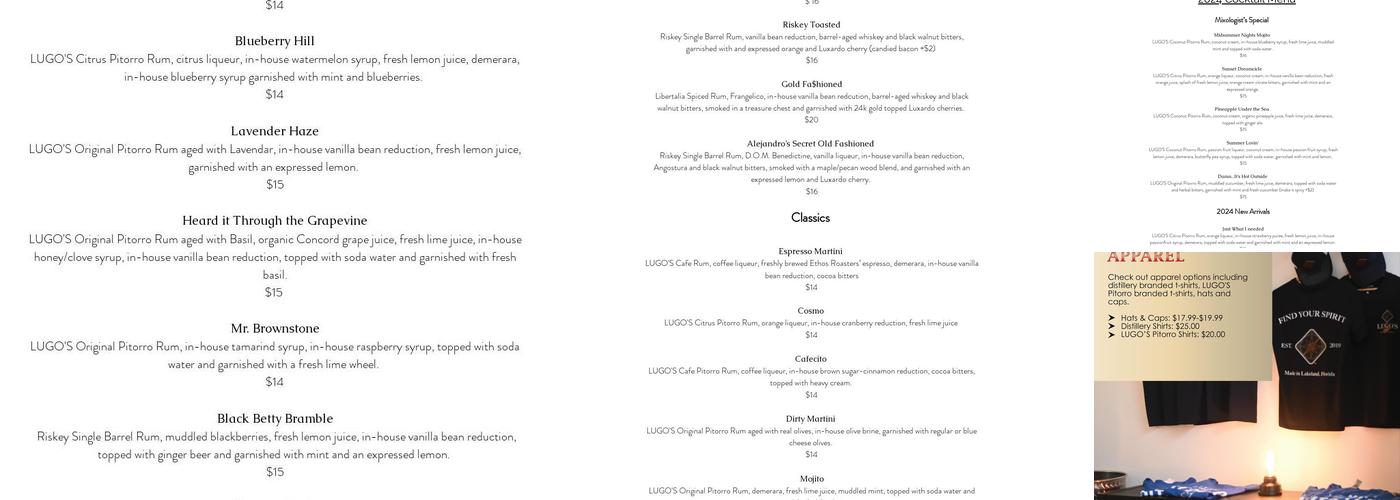 Lugo's Craft Distillery Menu
