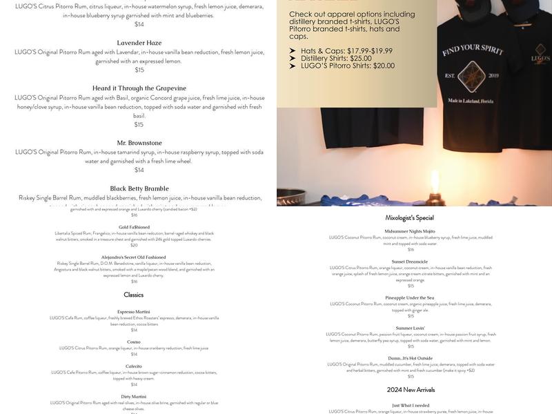 Lugo's Craft Distillery Menu