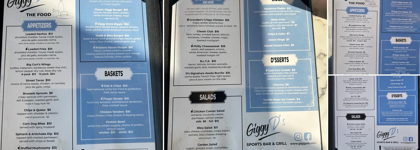 Giggy D's Menu