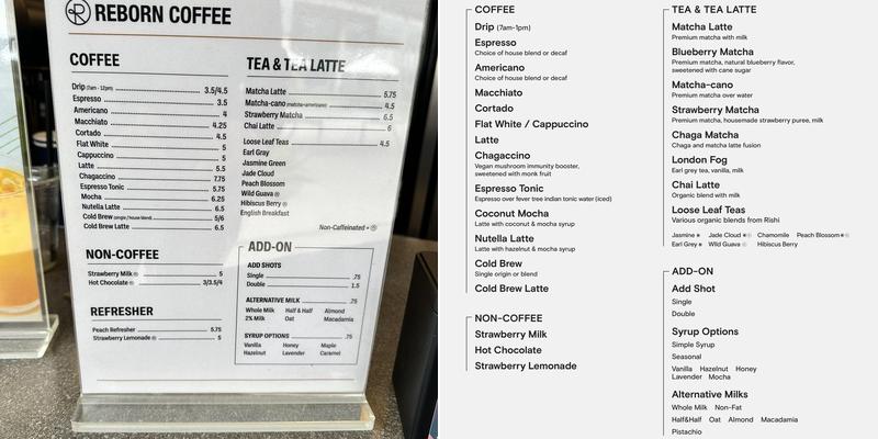Reborn Coffee - Irvine Intersect Menu