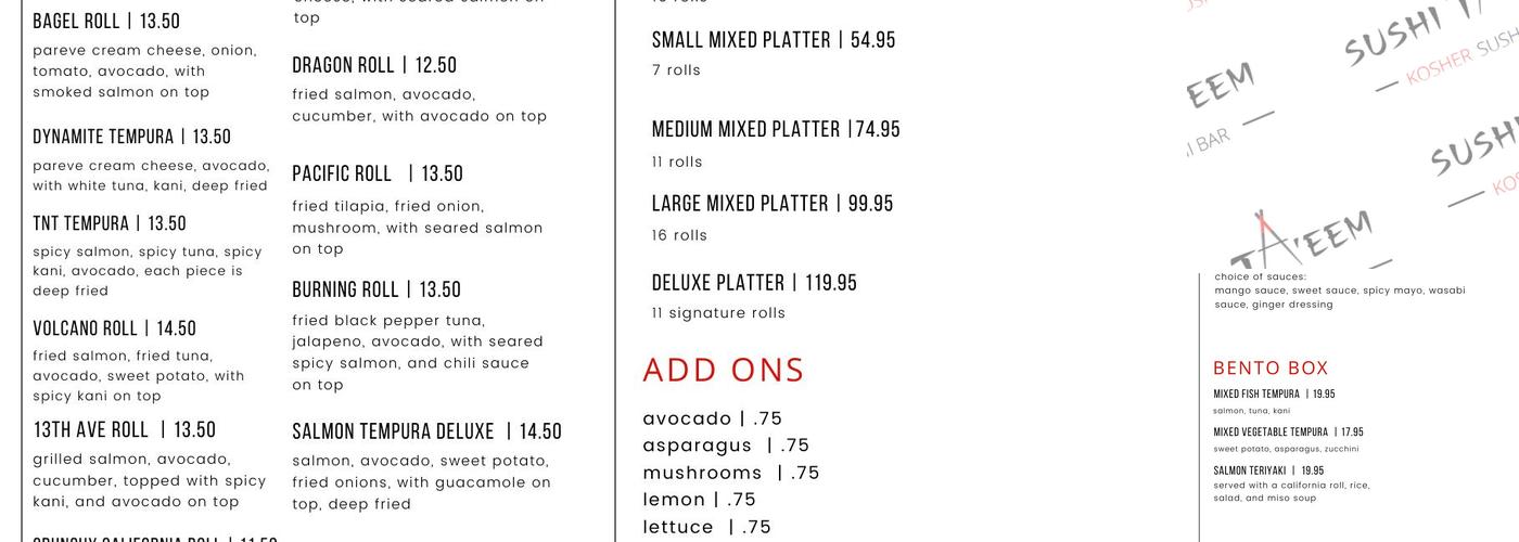 Sushi Ta'eem Boro Park Menu
