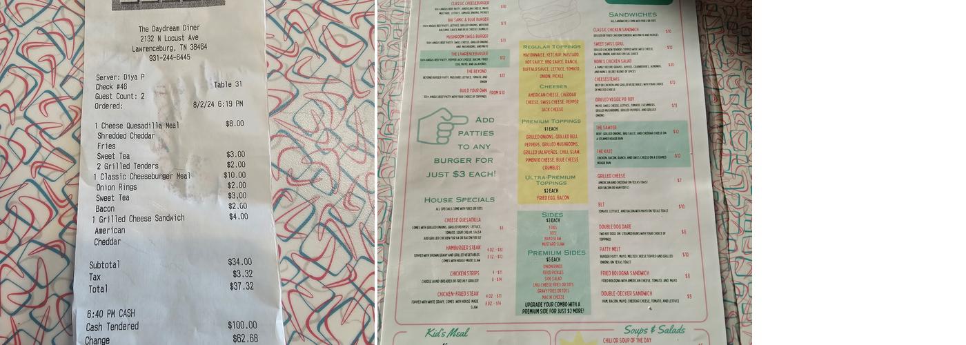 The Daydream Diner Menu