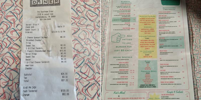 The Daydream Diner Menu