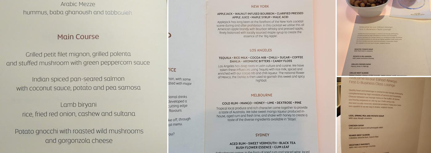 Etihad Airways Lounge Menu
