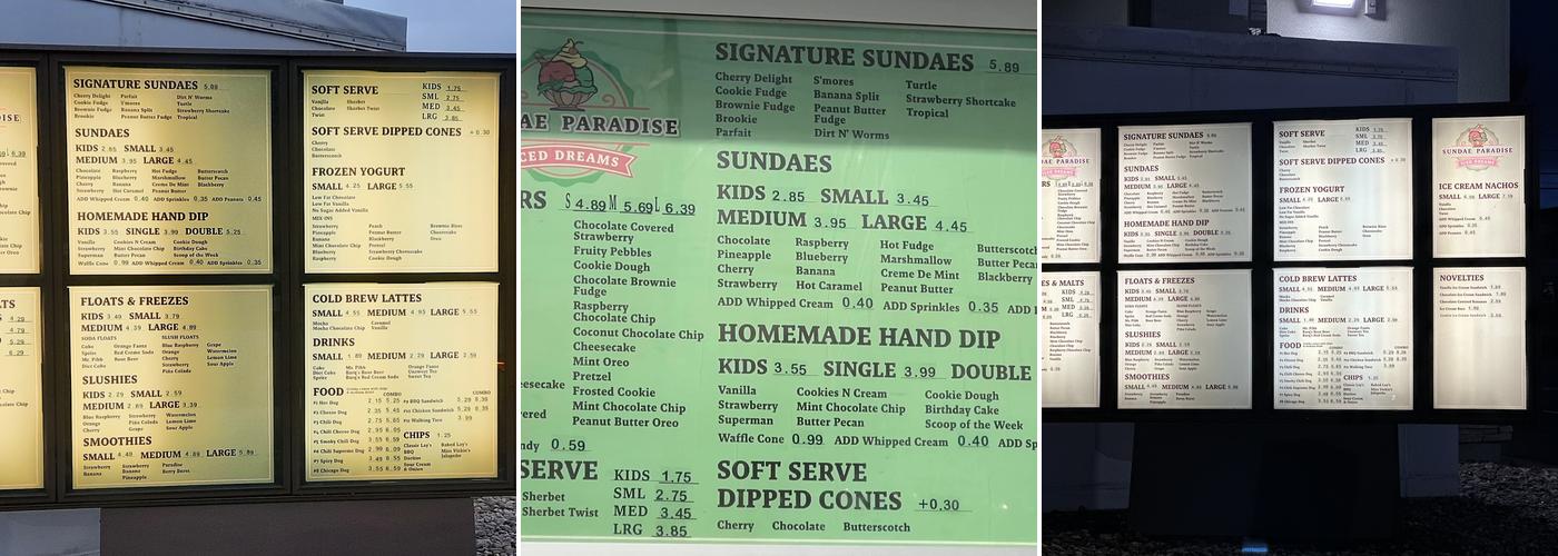 Sundae Paradise Menu