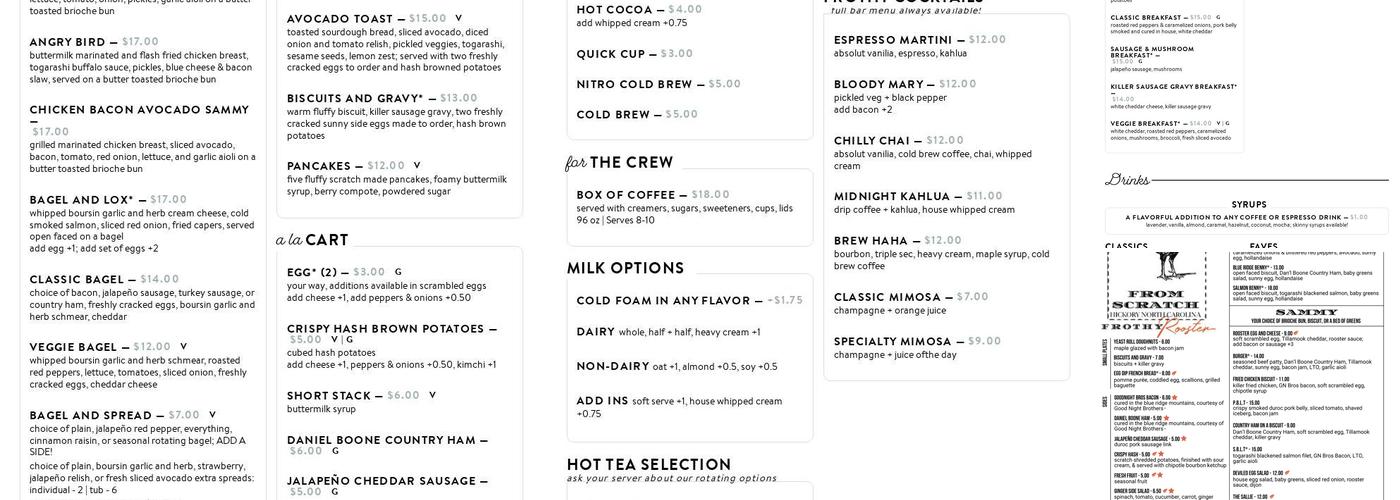 Frothy Rooster Menu