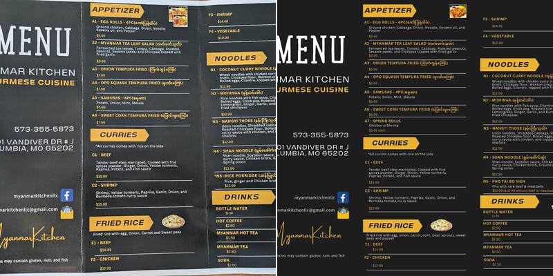 Myanmar Kitchen Menu