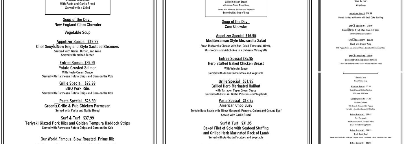 The Green's Grille & Pub Menu