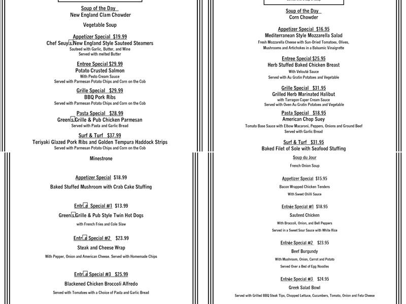 The Green's Grille & Pub Menu