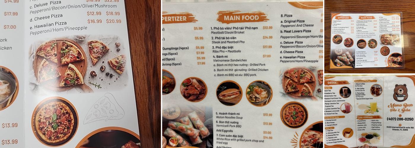 Mama Bear pho and Boba Menu