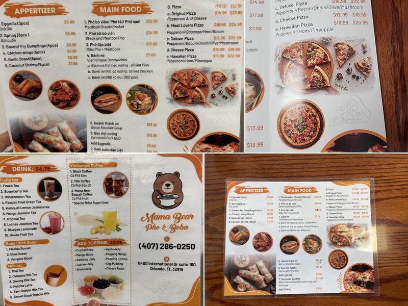 Mama Bear pho and Boba Menu