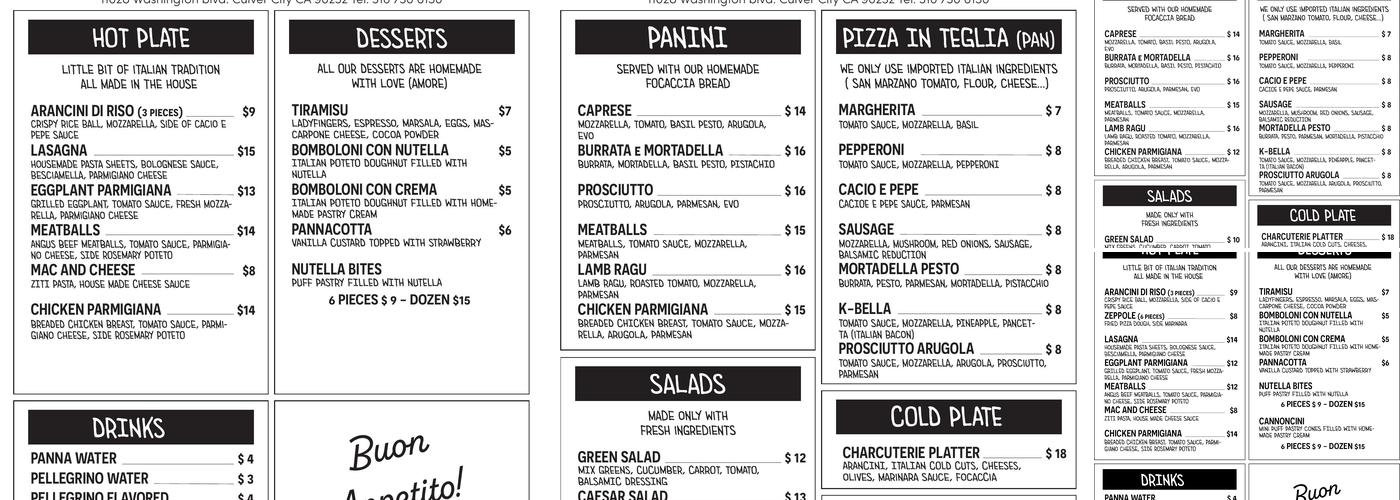 Kbella Pizza Menu