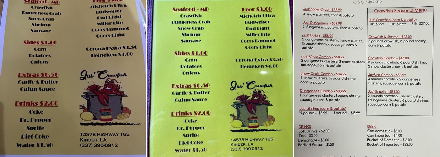 Jus Crawfish Menu
