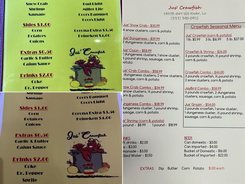 Jus Crawfish Menu