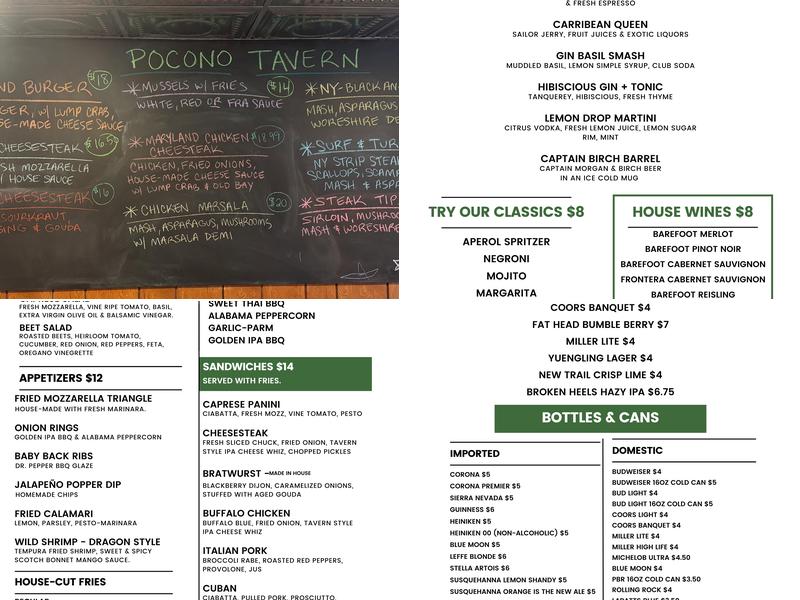 Pocono Tavern Menu