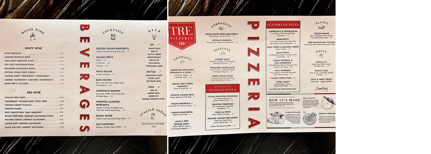 Tre Pizzeria Menu