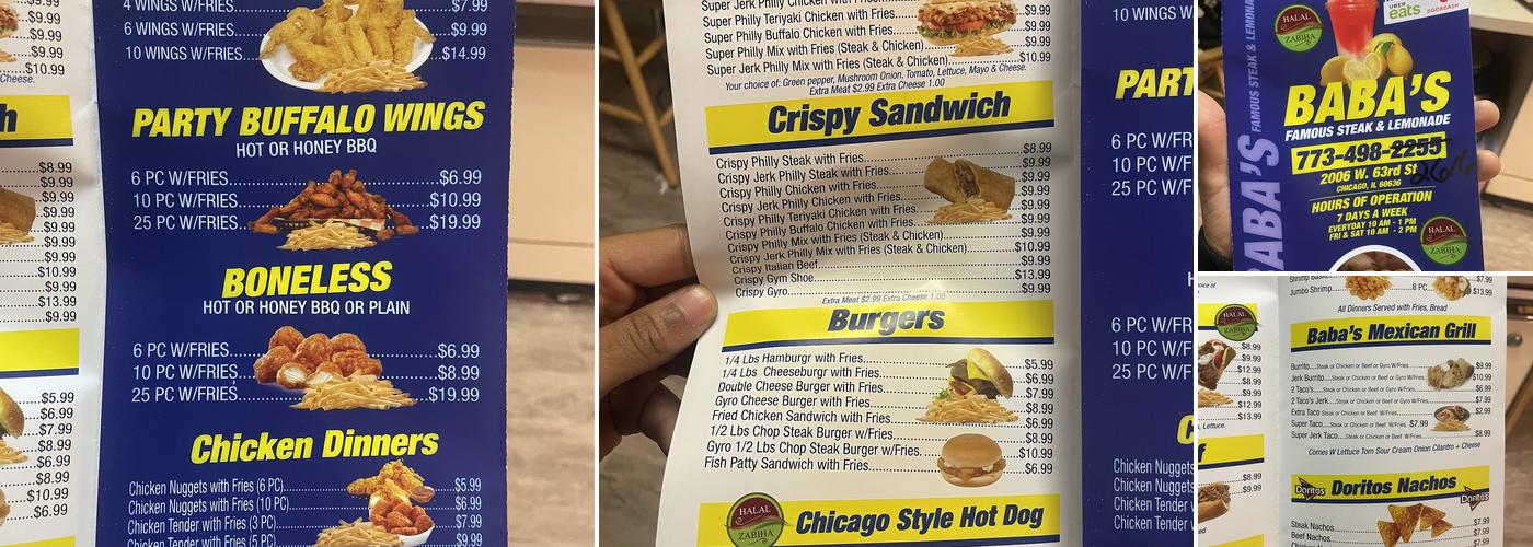 Baba's Famous Steak and Lemonade Menu