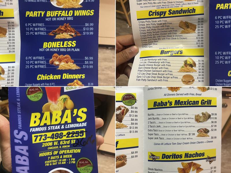 Baba's Famous Steak and Lemonade Menu