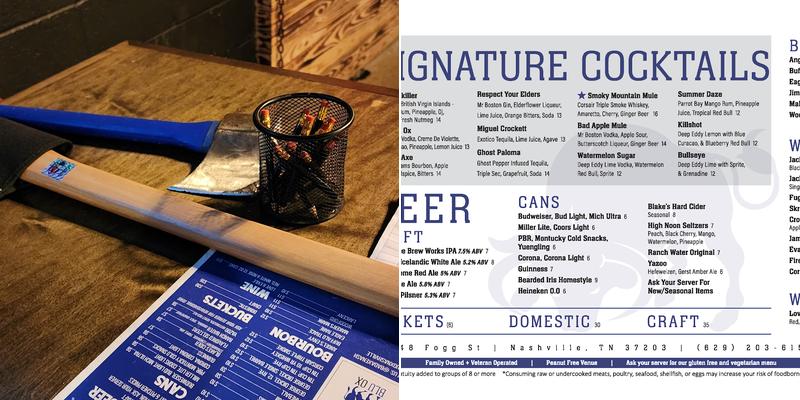 Blu Ox Restaurant and Bar at Bad Axe Throwing Menu