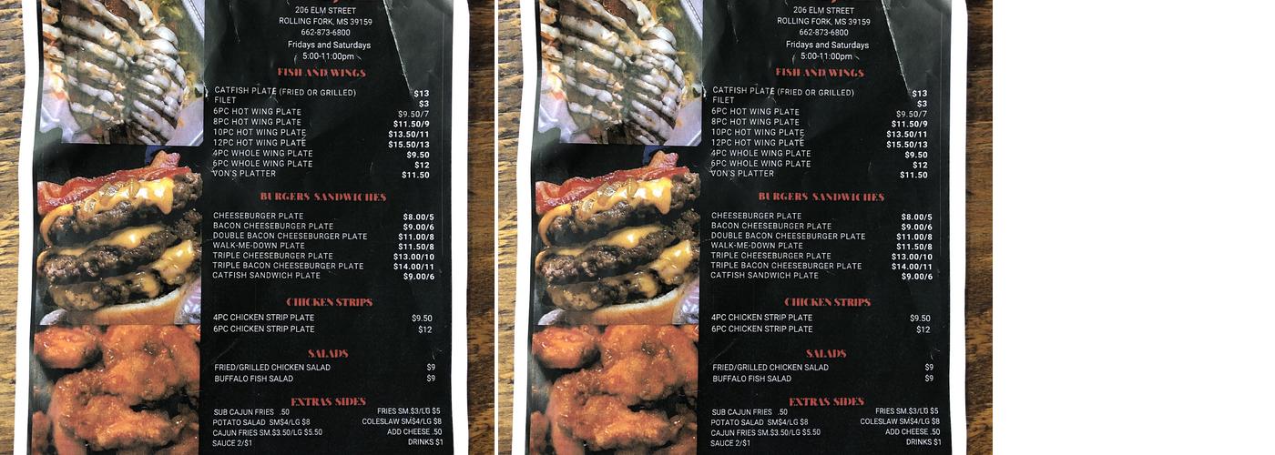 Von & BJ’s Menu