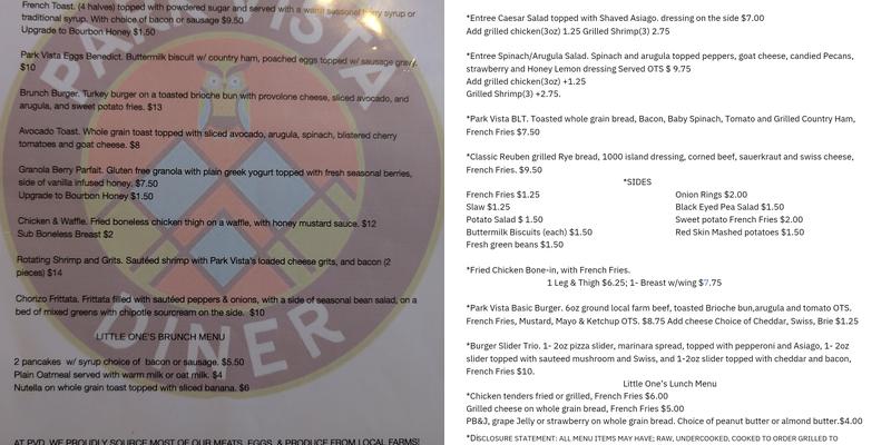 Park Vista Diner Menu