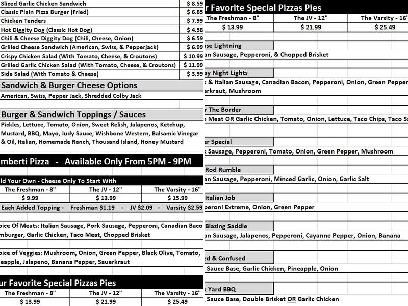 The Varsity Tap Menu