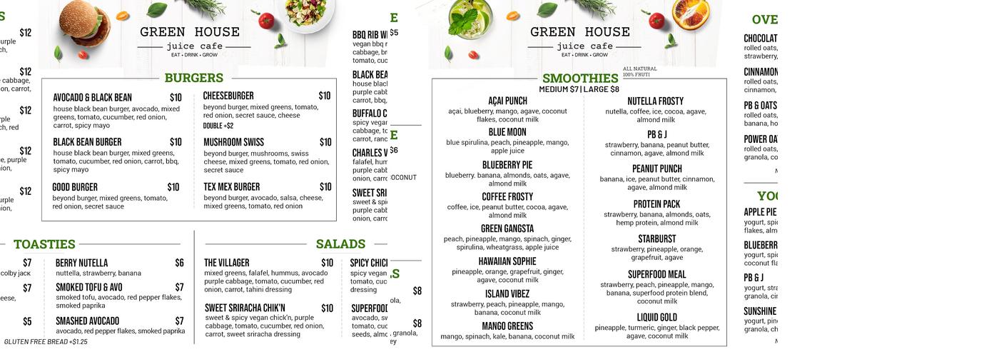Green House Juice Cafe Menu