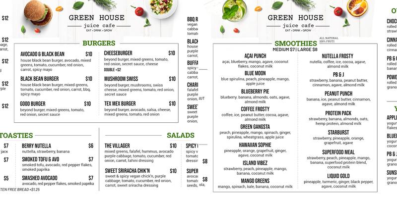 Green House Juice Cafe Menu