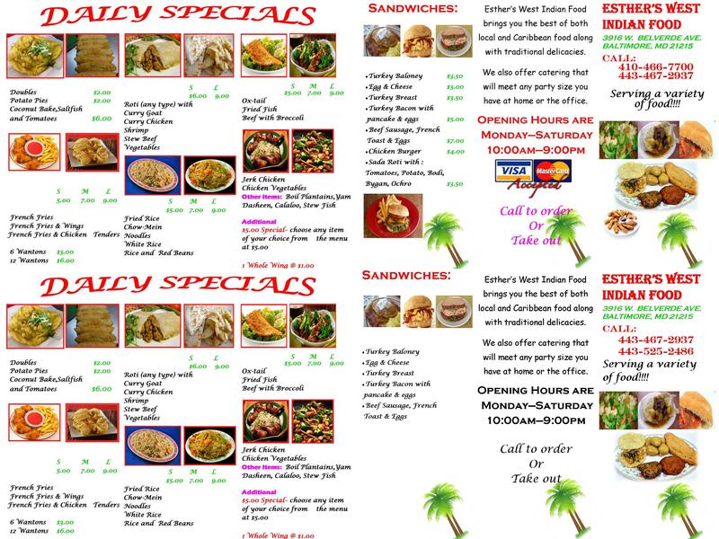 Esther's West Indian Food Menu
