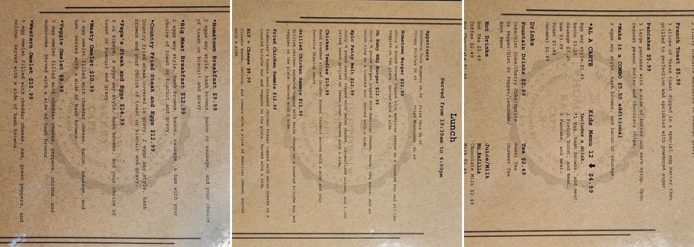 Hometown bakery cafe Menu