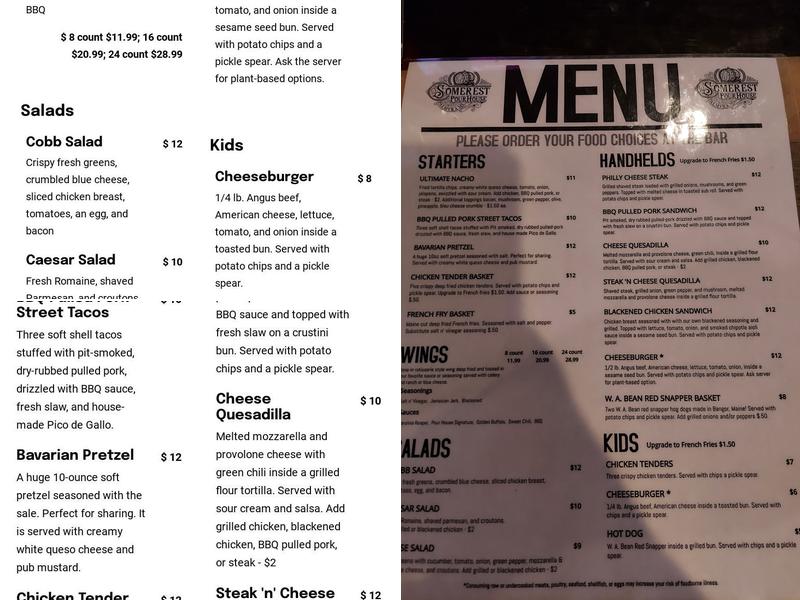 Somerset Pour House Menu