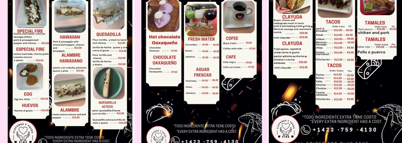 Clayudas & tacos Fire Menu