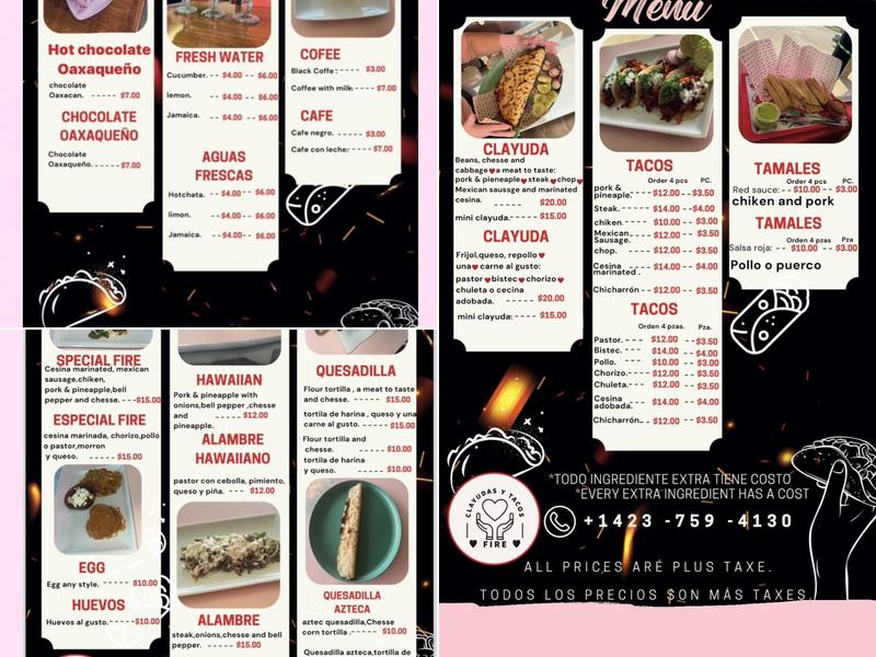 Clayudas & tacos Fire Menu