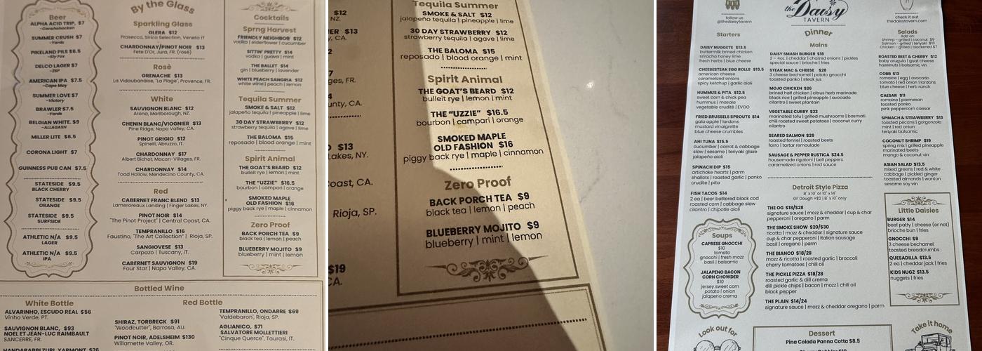 The Daisy Tavern Menu