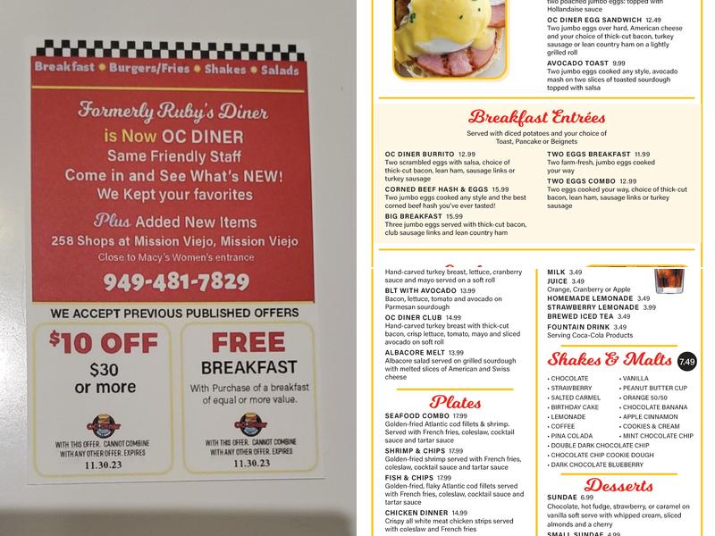 OC DINER Menu