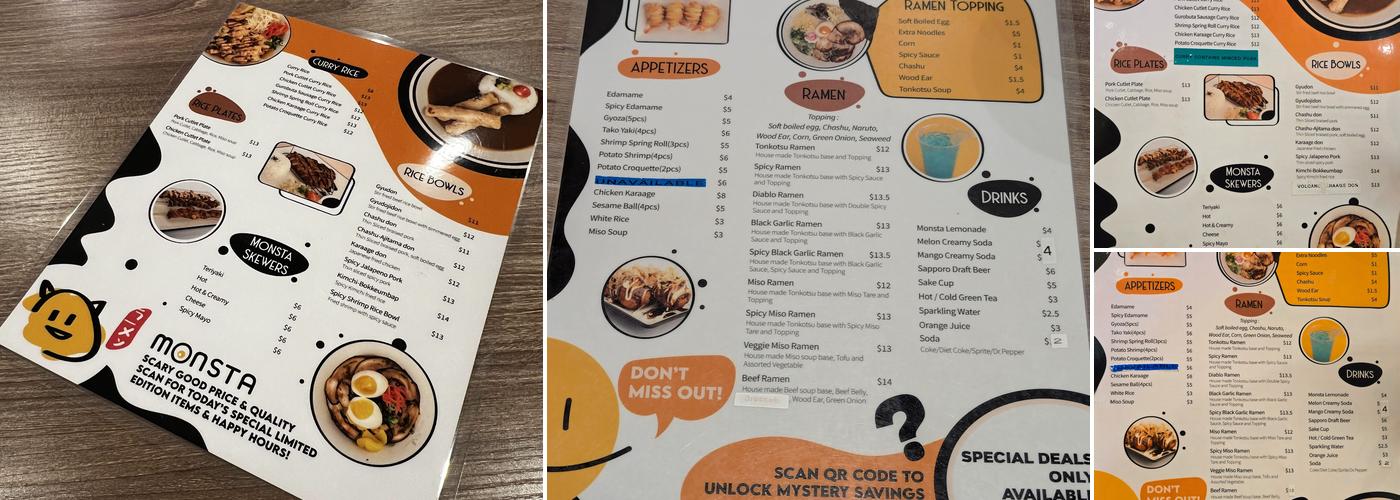 Monsta Ramen Curry Menu