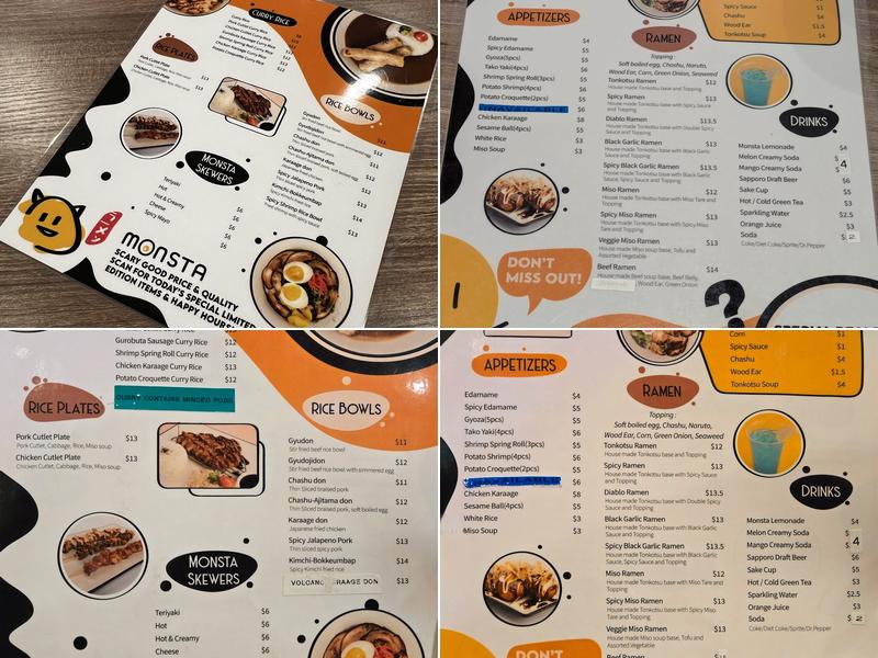 Monsta Ramen Curry Menu