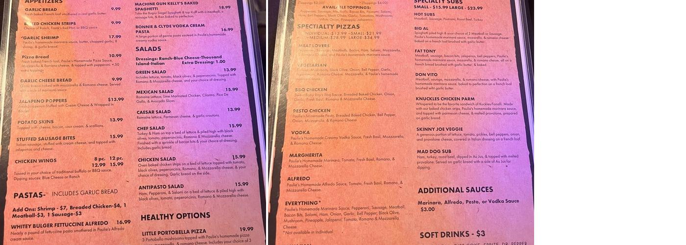 Paulie's Pizza Pub Menu