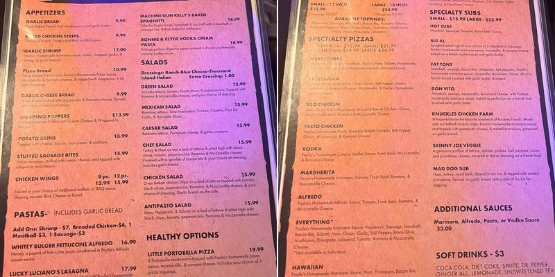 Paulie's Pizza Pub Menu