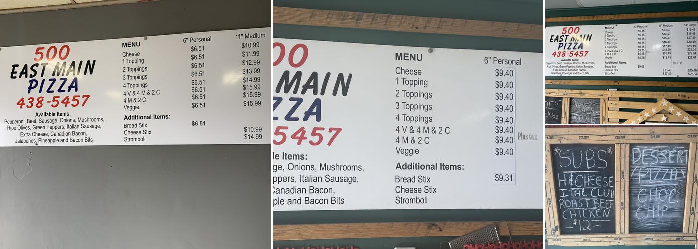 500 East Main Pizza Menu