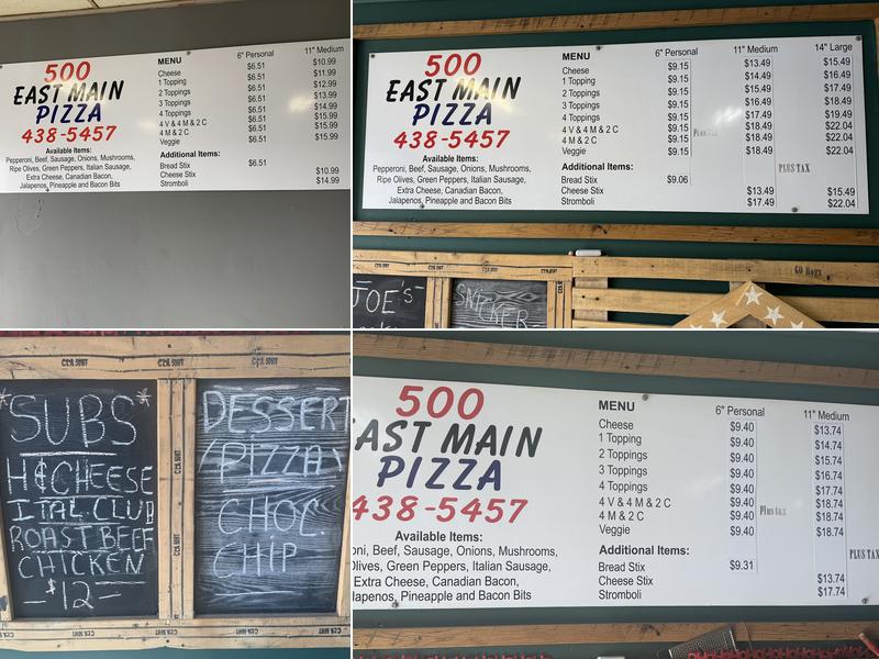 500 East Main Pizza Menu