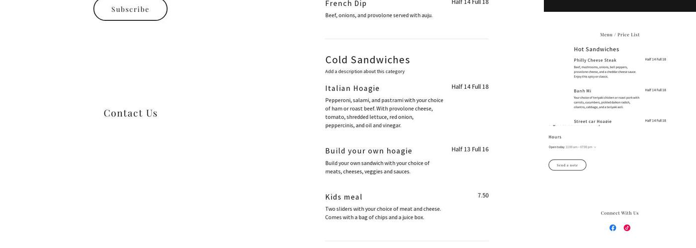 Big Joe’s Sandwich Shop Menu