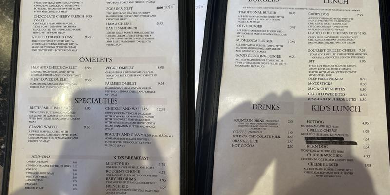 The Garage Diner Menu