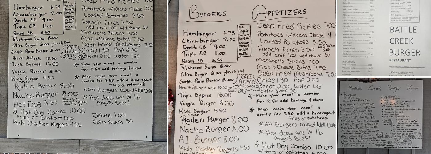 Battle Creek Burger Menu