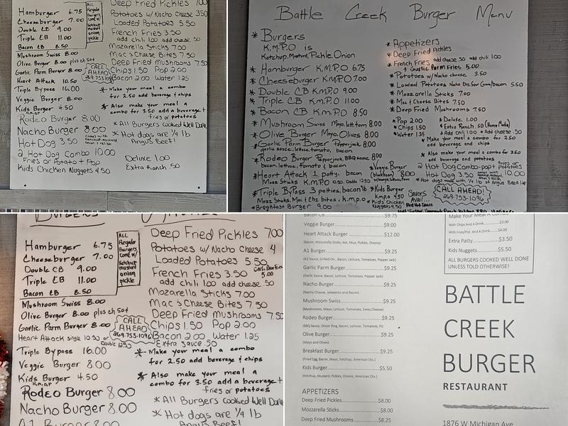 Battle Creek Burger Menu