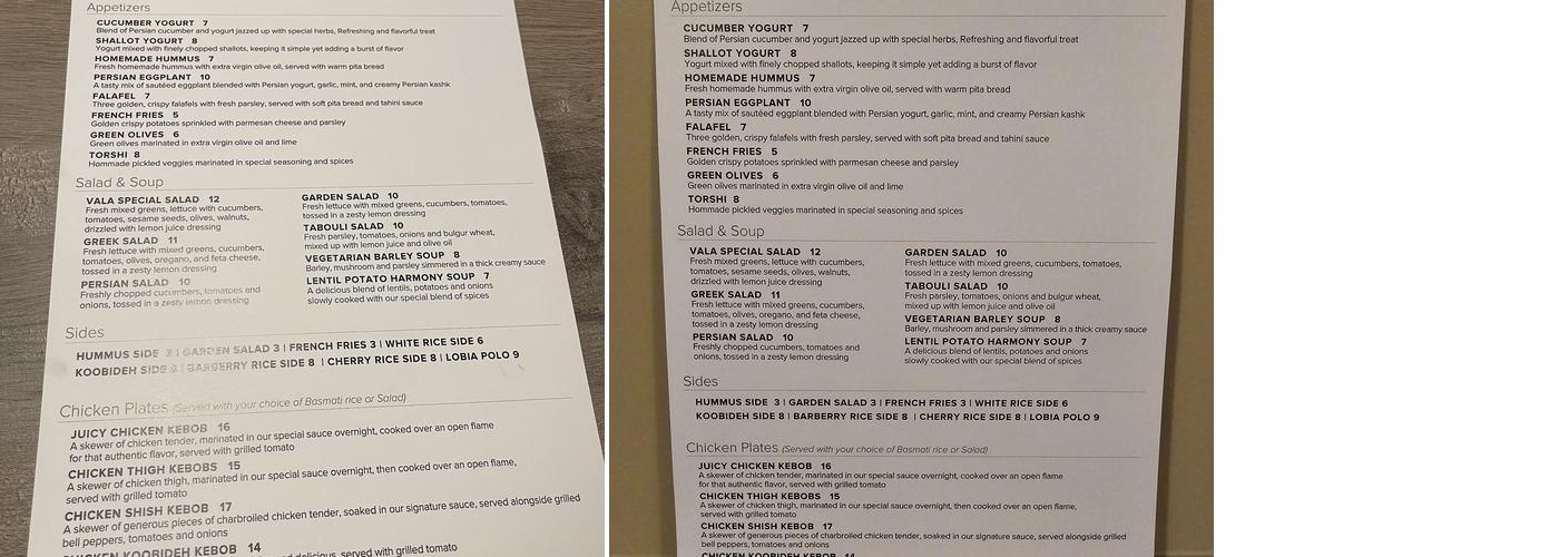 Vala Kitchen Menu