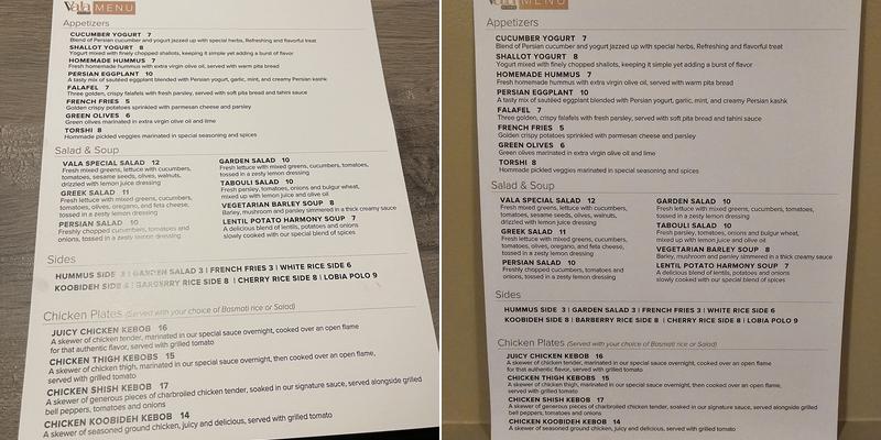 Vala Kitchen Menu