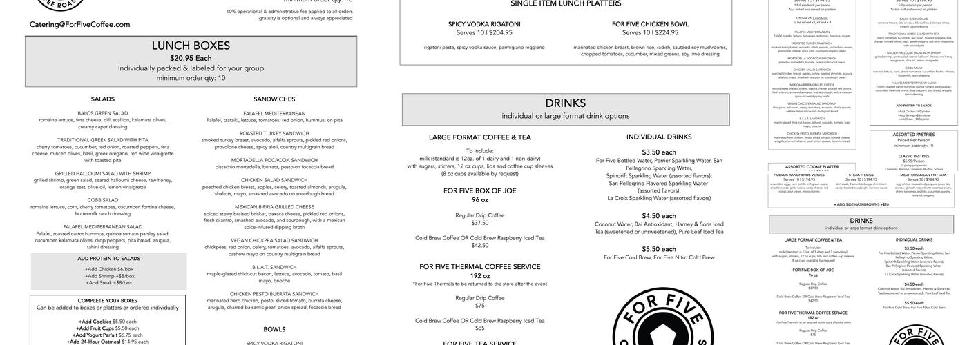 For Five Coffee Roasters Menu