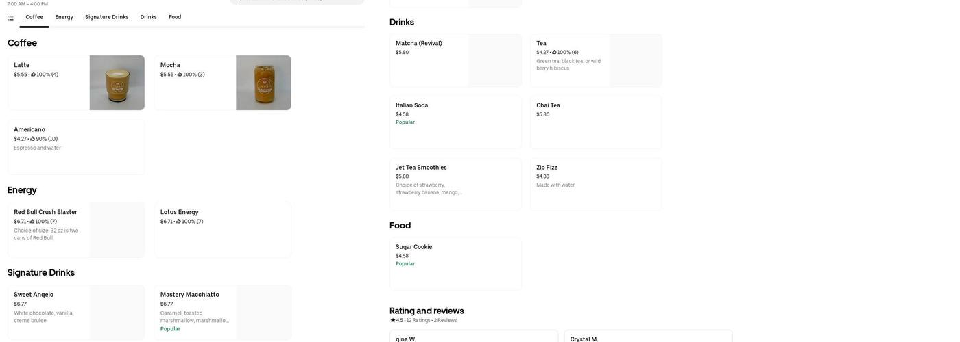 Crush Coffee Pines Menu