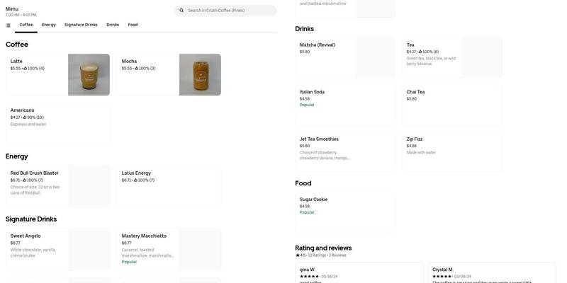 Crush Coffee Pines Menu